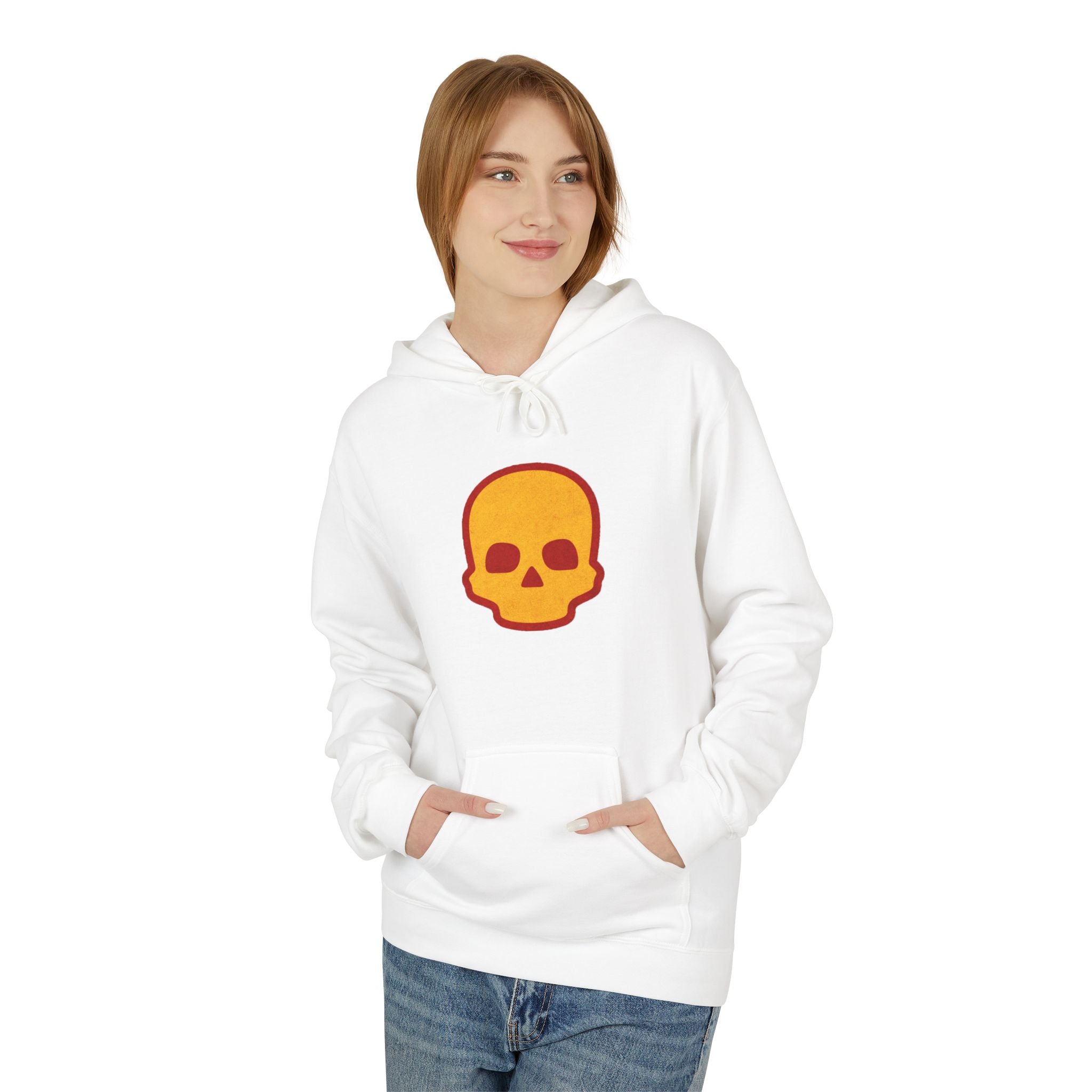 Skull Patch Hoodie — Minimal Orange Retro Skull Graphic